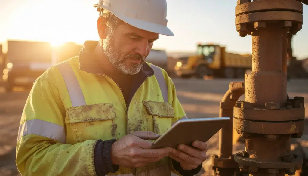 Field worker in high-visibility gear using a tablet during a jobsite safety check.