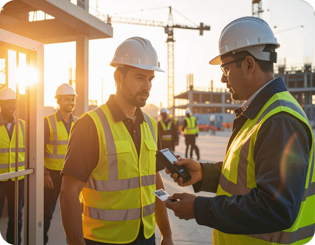 Worker scans digital badge for site entry at construction gate.