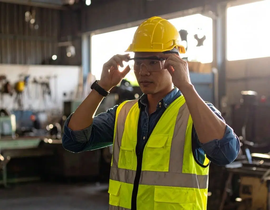 A worker adjusts his safety glasses inside an industrial workshop, demonstrating proper use of PPE in a manufacturing environment.