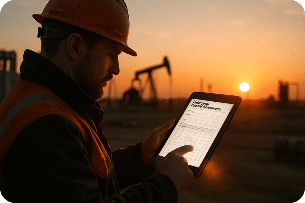 Worker completing a Field Level Hazard Assessment using a tablet at an industrial site.