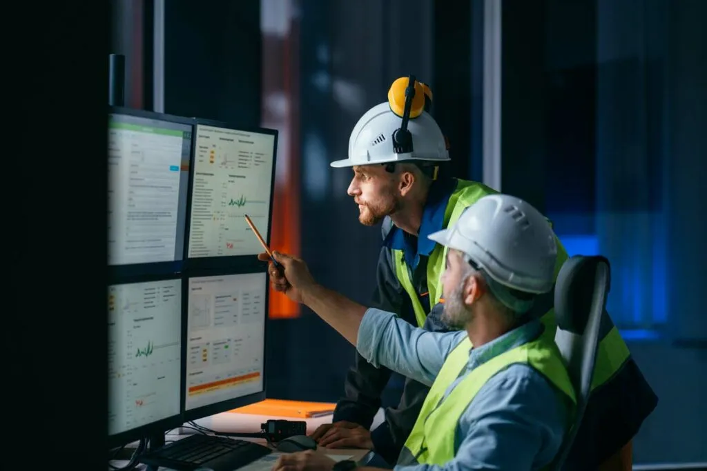 two employees having a discussion while looking at computer screen
