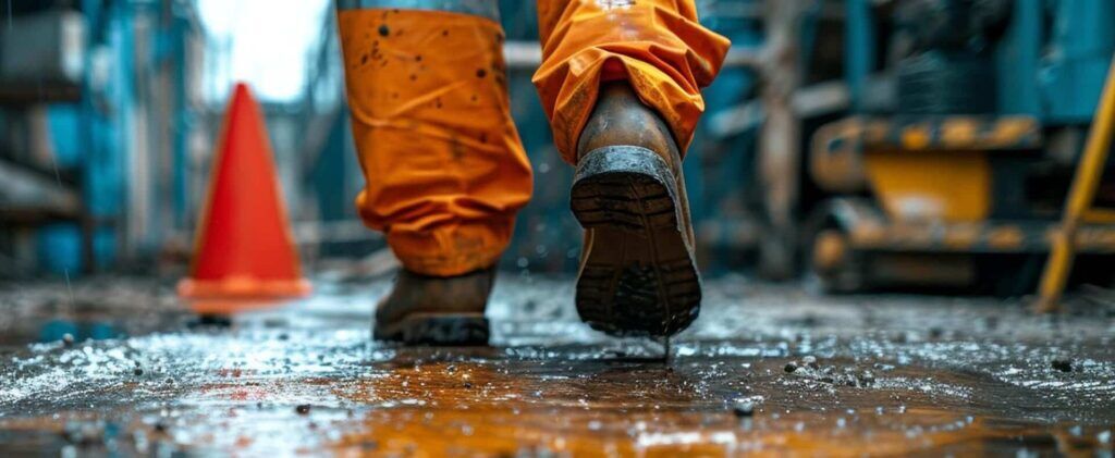 a person wearing orange walking on the rainy road