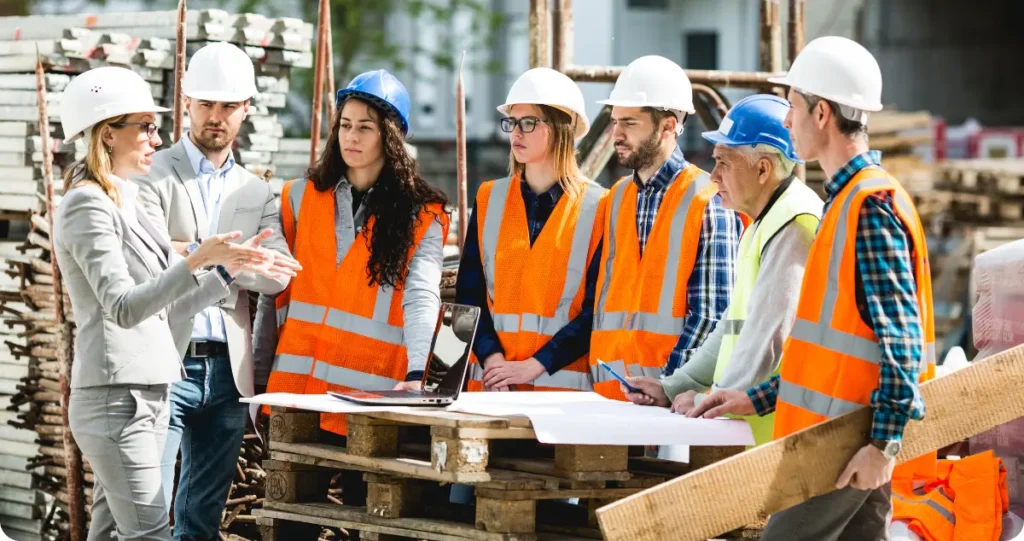 A team of construction workers conducting a Safety Meeting
