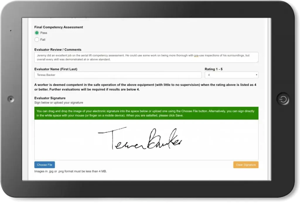 tablet with competency sign-off