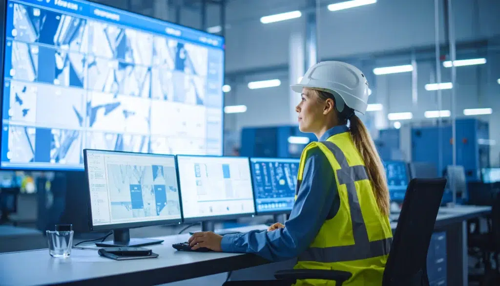 Safety officer in a control room monitoring multiple digital screens showing FLHA data.