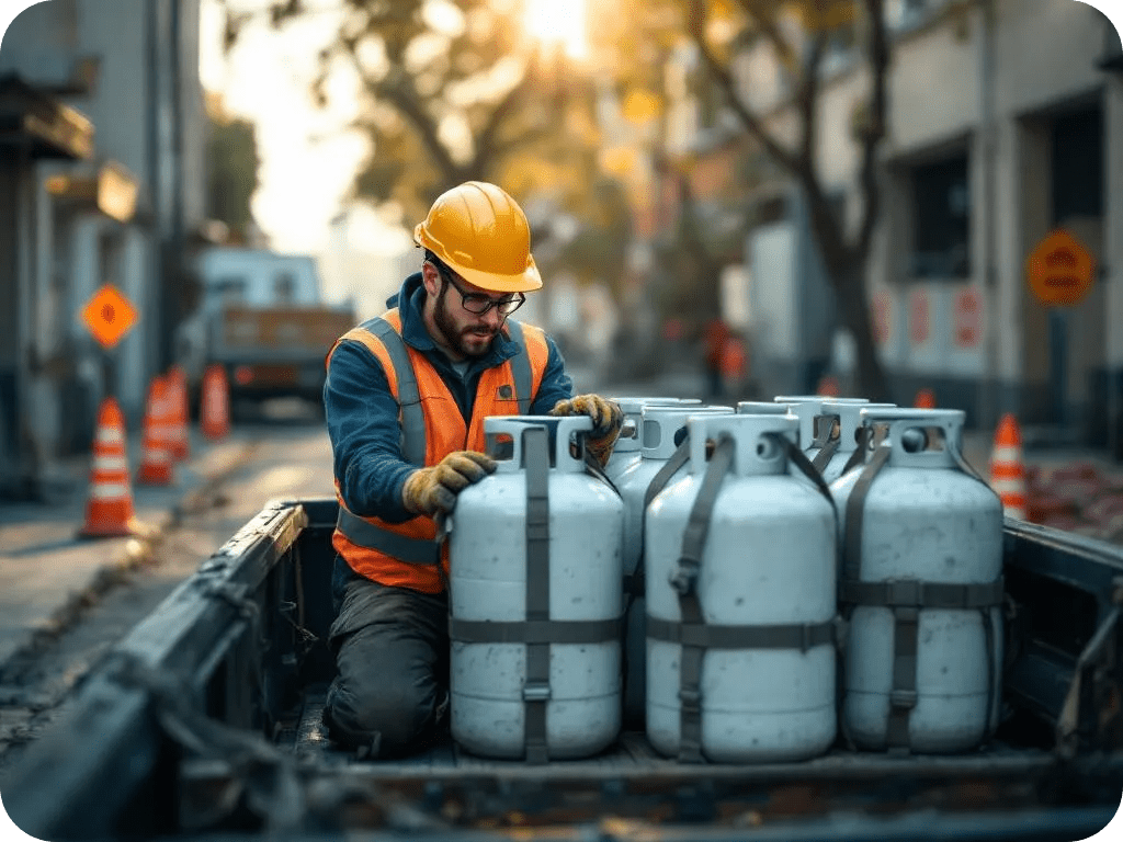 Worker inspecting frozen propane valve, demonstrating leak and frostbite risks.