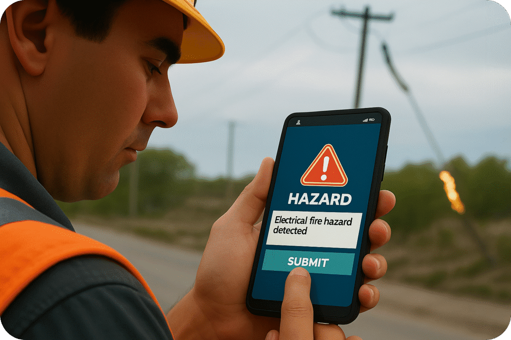 Construction worker reporting electrical line hazard via mobile safety app on-site.