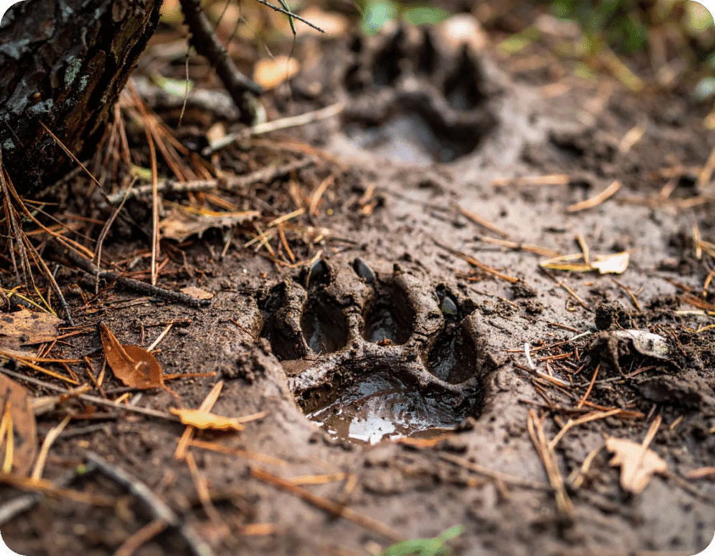Fresh bear tracks in muddy forest ground, showing signs of bear activity for wildlife hazard awareness.