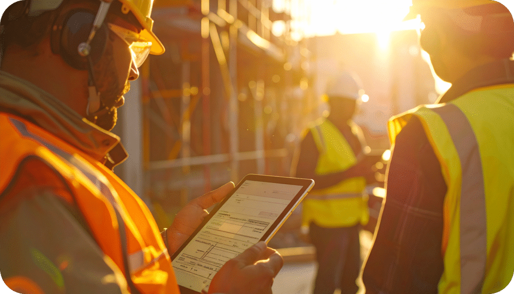 Worker filling out a digital FLHA form on a smartphone using voice-to-text technology at a job site.
