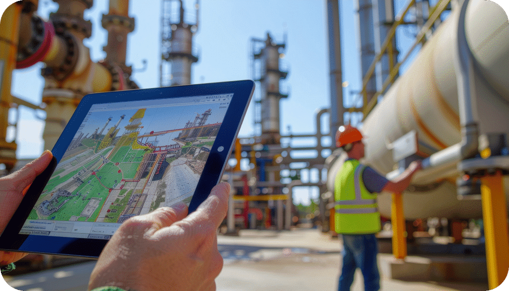 Safety inspector reviewing a digital site map while a teammate examines industrial equipment at a job site.