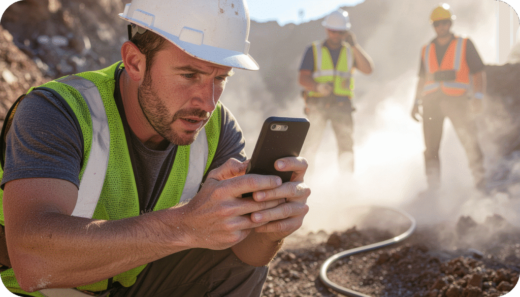 Construction worker entering real time safety data on a mobile device.