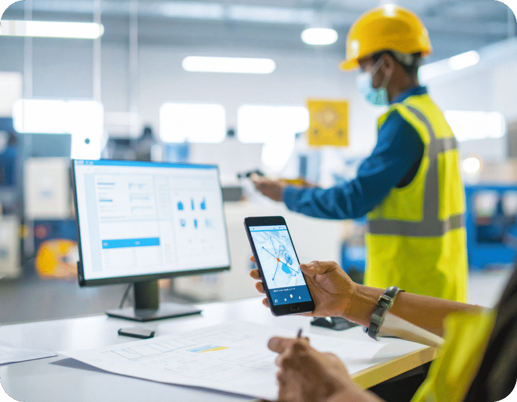 Worker using a mobile device to view a site hazard map, with safety data visible on a desktop screen.