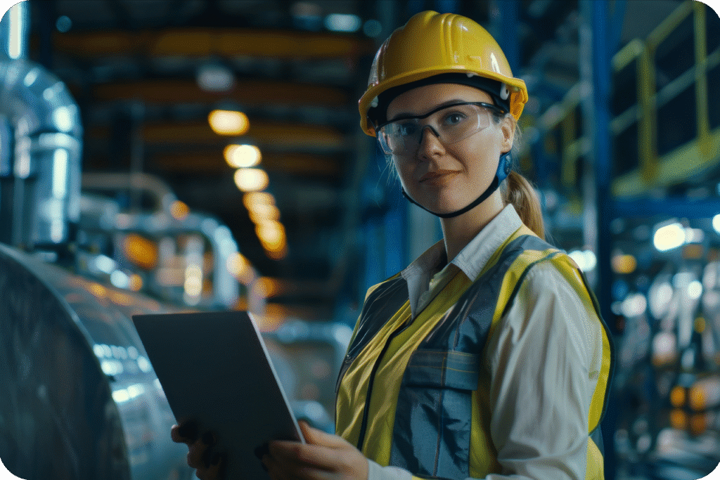Female worker in safety gear with a laptop, representing daily team alignment on workplace safety.