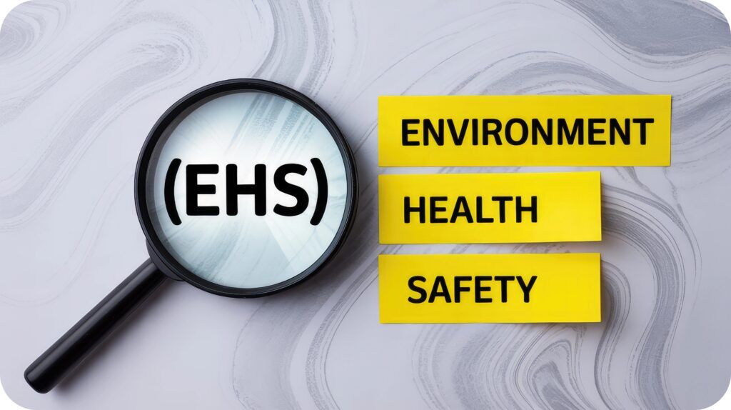EHS highlighted with a magnifying glass and yellow labels for Environment, Health, Safety.