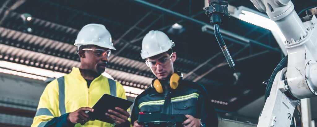 Factory workers working with adept robotic arm in a workshop