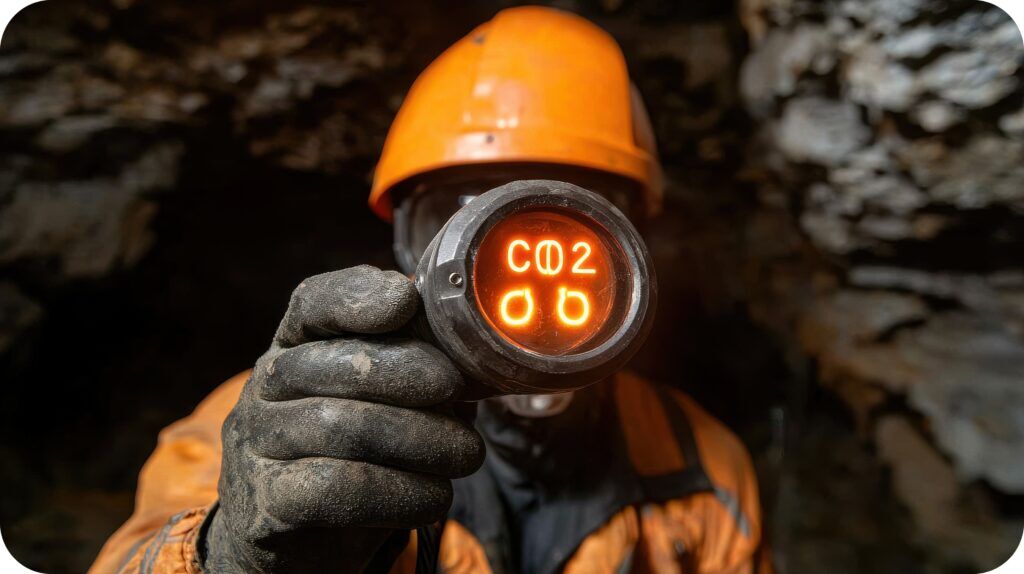Underground worker showing a handheld meter with CO/CO2 readings to verify atmospheric conditions.