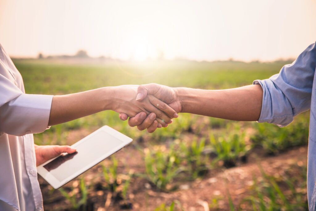 Handshake two farmer on the background of a wheat field at sunset.