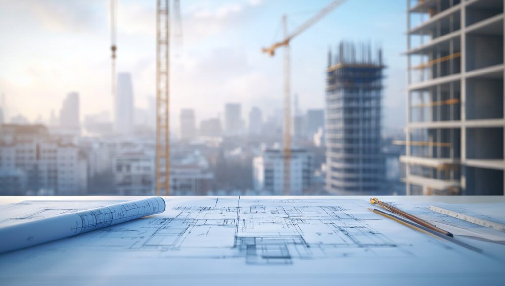 Blueprint on desk with city construction site background.