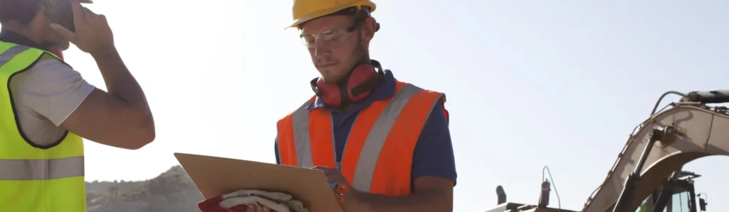 Construction worker uses tablet to complete LMS safety training.