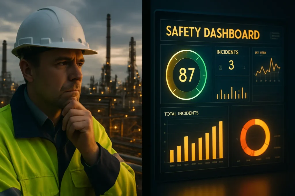 Industrial worker reviewing safety dashboard data and analyzing site risks.