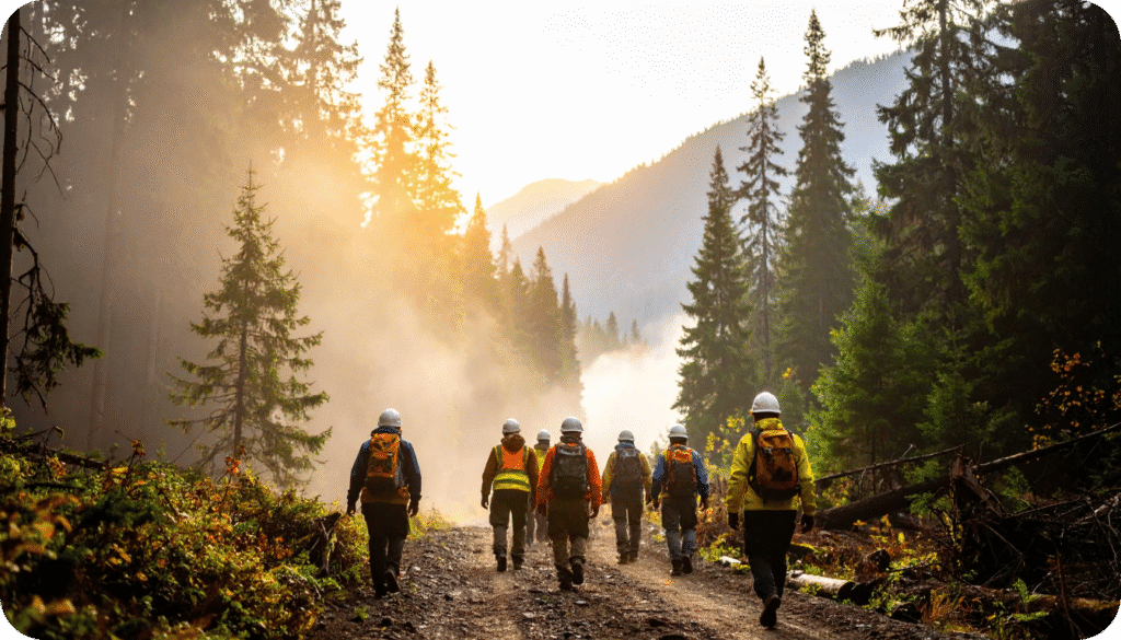 Workers in safety gear walking through a forest trail at sunrise practicing bear safety on the job.