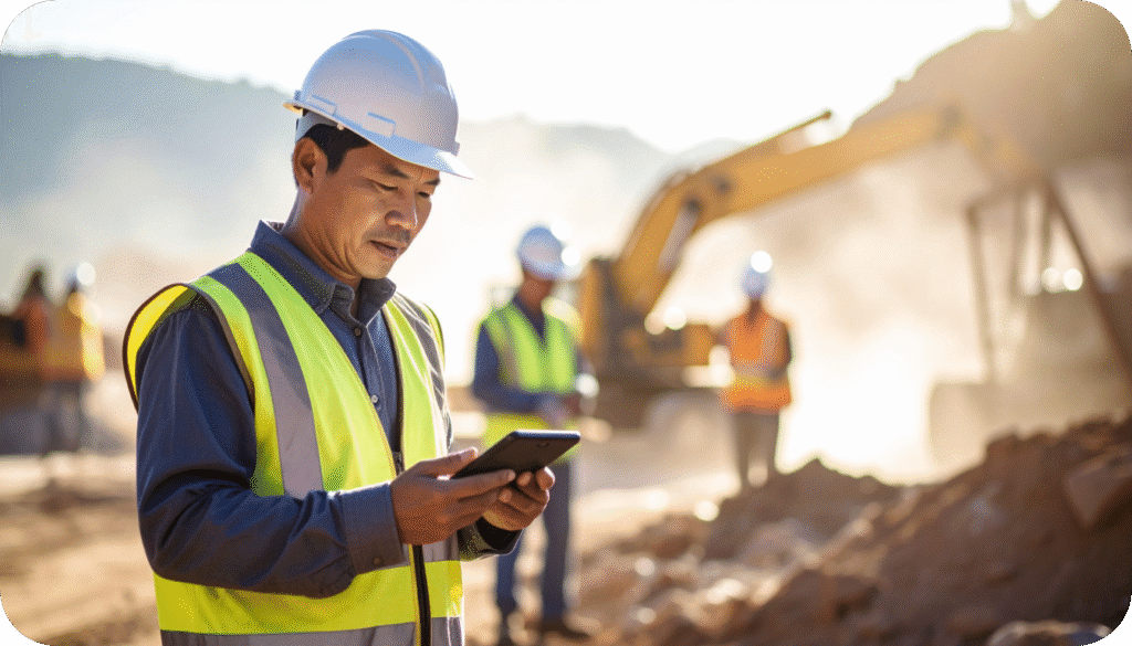 Worker reporting a jobsite hazard using a mobile device in real time working in a high-risk environment.