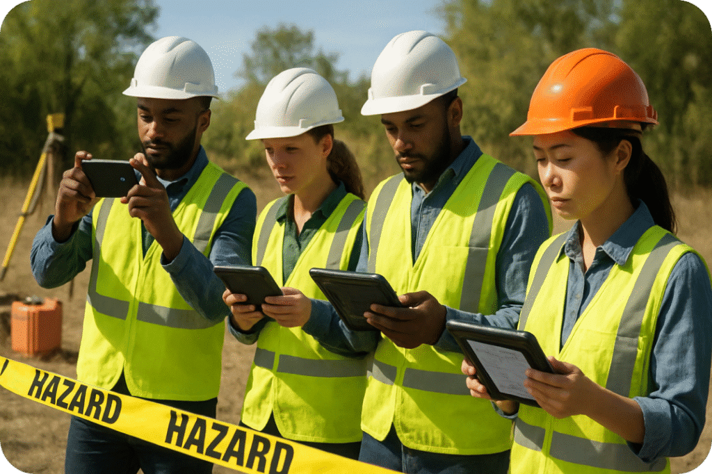 Workers on-site completing digital FLHAs on tablets, showcasing modern safety compliance in real-time.