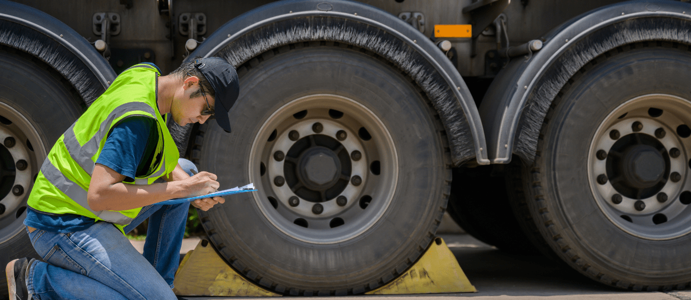 Commercial driver performing a pre-trip inspection by checking truck tires and recording findings.