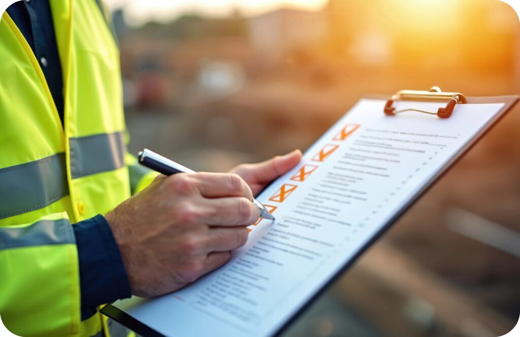 A worker in a high-visibility vest reviewing and marking an EHS checklist on a clipboard at a job site.