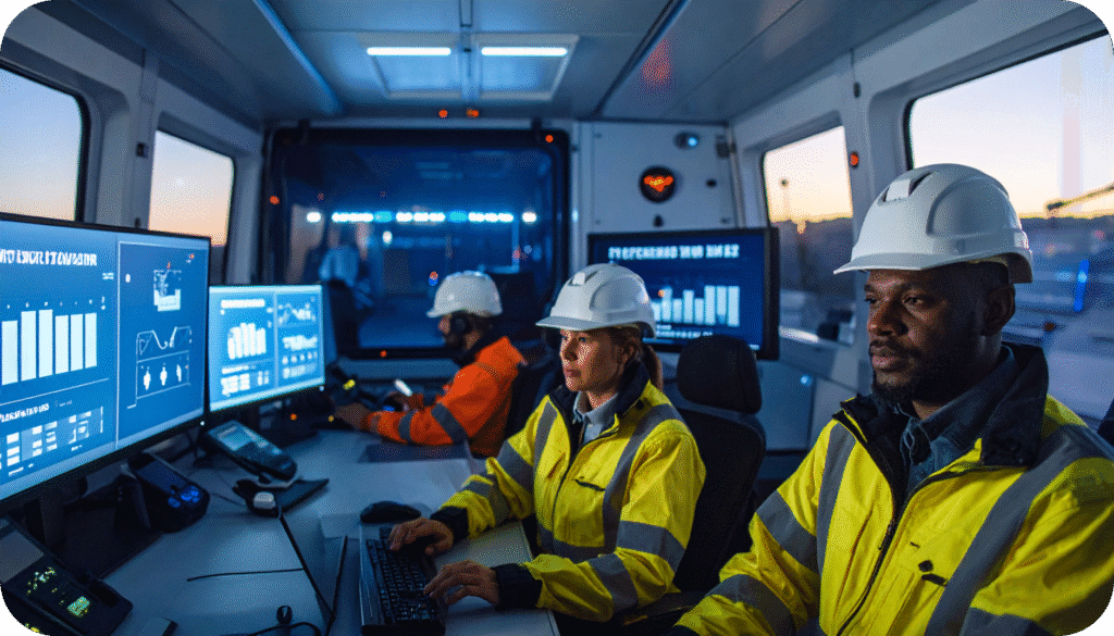 Safety personnel monitor site data and analytics on multiple screens inside a mobile command unit.