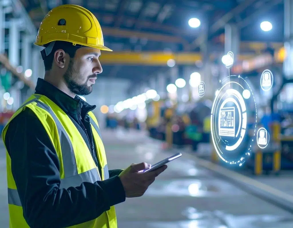 Worker analyzing safety data through a digital interface as part of a proactive FMEA assessment.