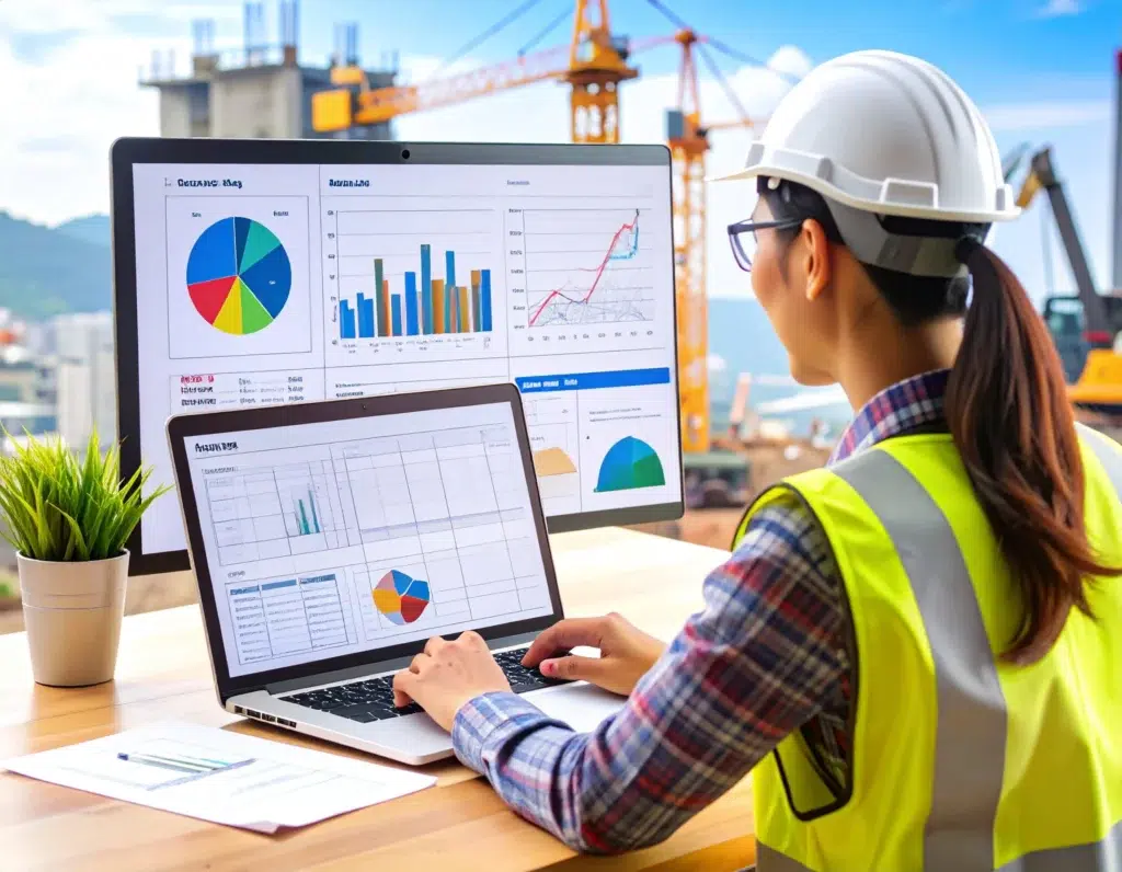 Safety manager reviewing digital dashboards and analytics on a construction site.