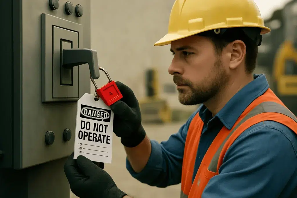 Canadian worker applying lockout device with safety gloves and helmet