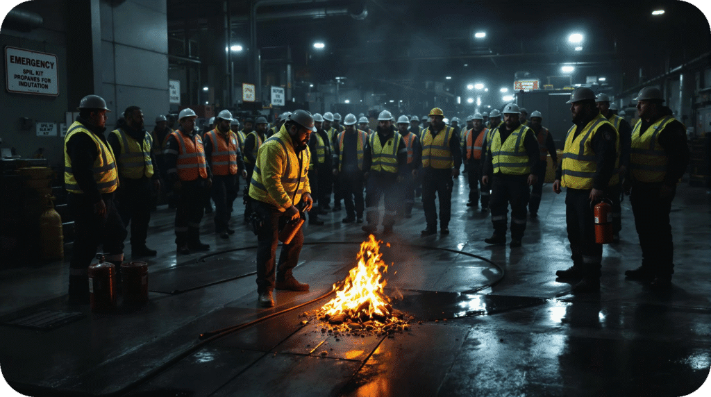 Group of workers near a flame, showing hazards of propane misuse on the