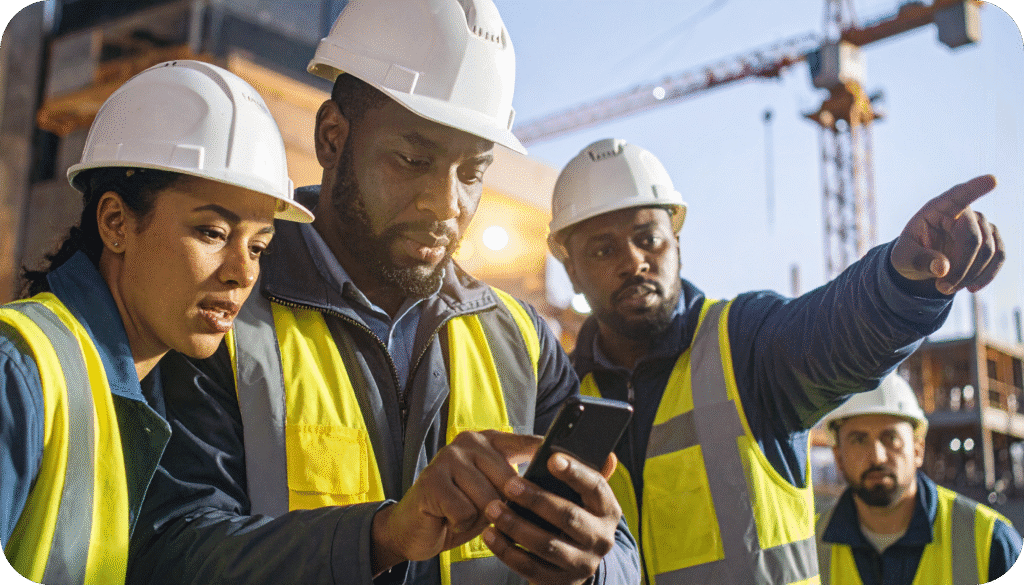 Construction safety team reviewing hazard reports on a mobile device.