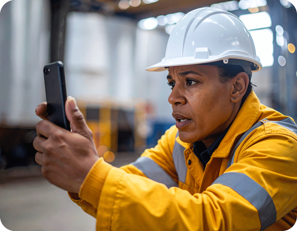 Safety inspector documenting workplace hazards using a mobile device.