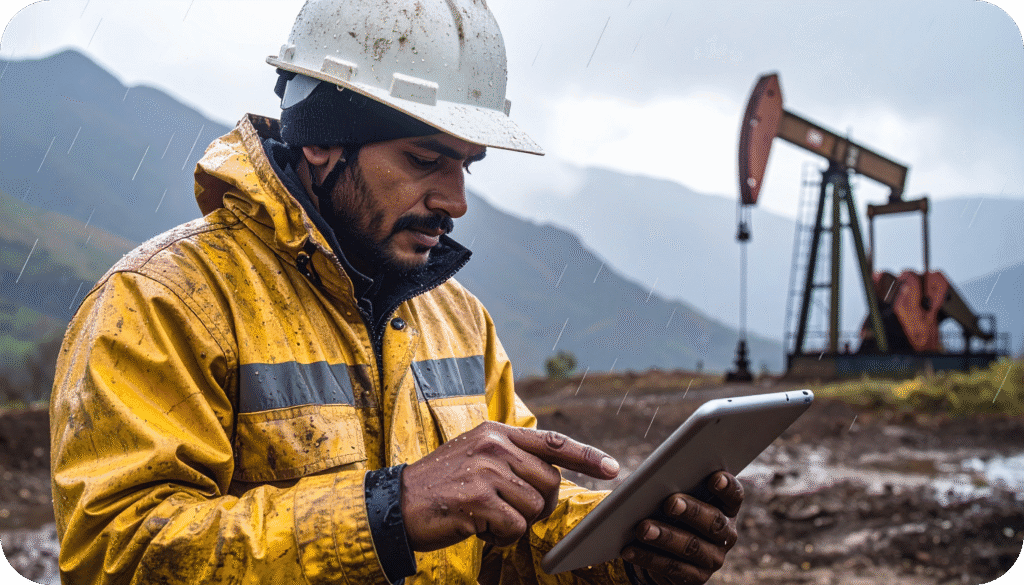 Engineer in rain gear checking data on a tablet near a drilling rig.