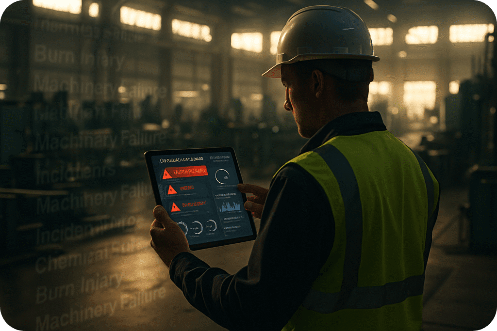 Factory worker using a tablet to monitor safety alerts and incident data in real time.