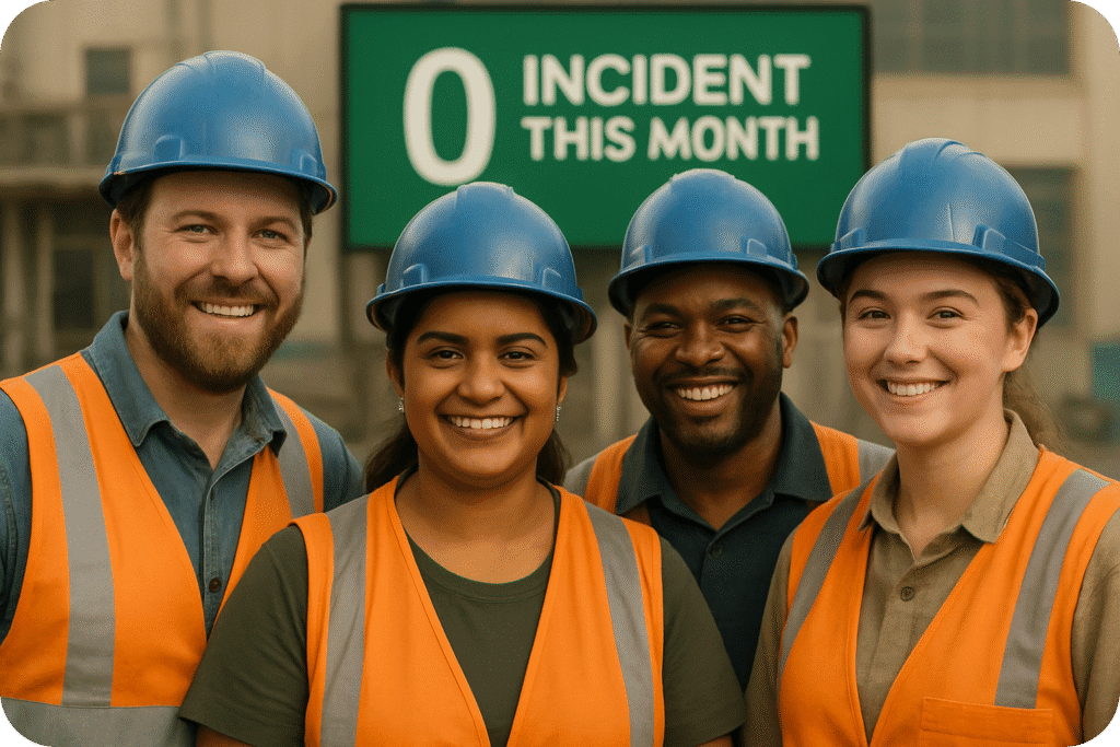 Smiling construction crew standing in front of a zero-incident safety sign.