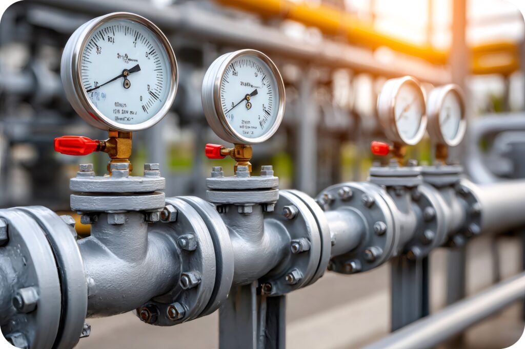 Multiple pressure gauges on a plant pipeline used to monitor process conditions and potential gas hazards.